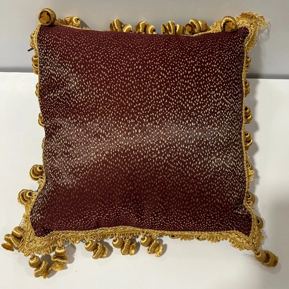 Waterford Linens Burgundy Gold Metallic Tassel Trim Throw Pillows Set of 2 12x12